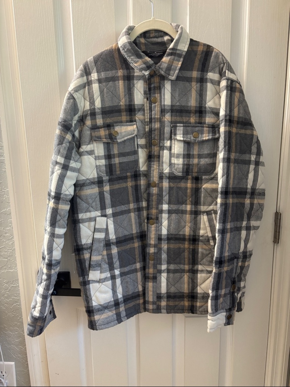 Quilted Plaid Shacket Jacket - Gray White Brown